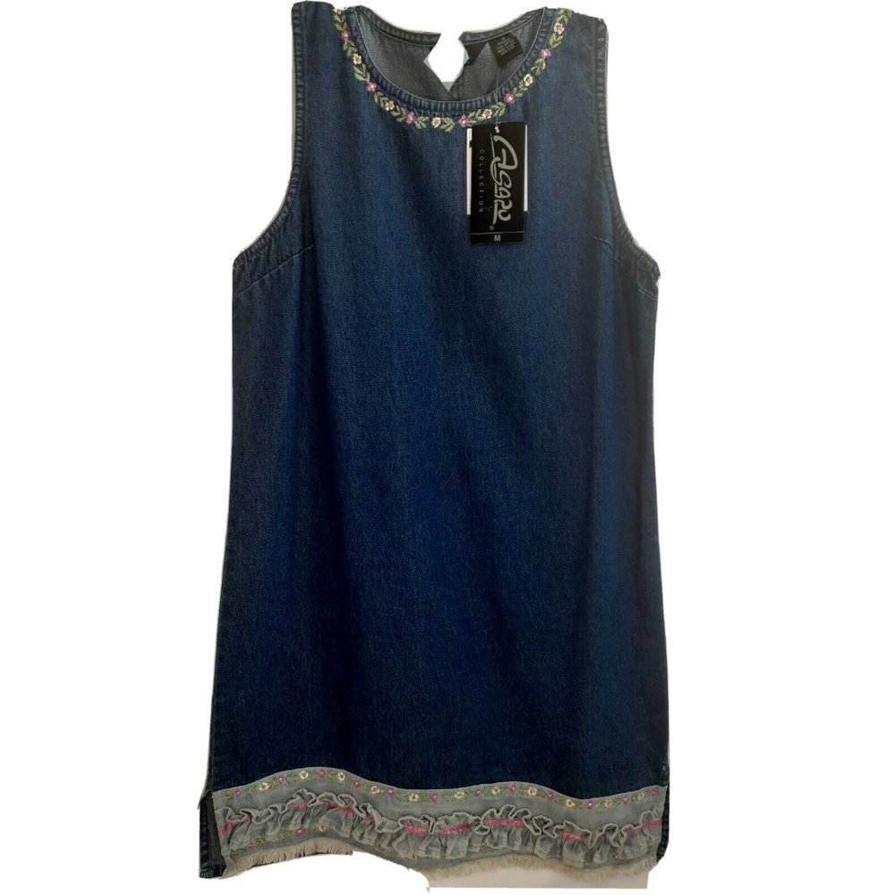 AGAPO Women Sz M Blue Jean Denim Dress Sleeveless Embroided Neck and Hem NWT